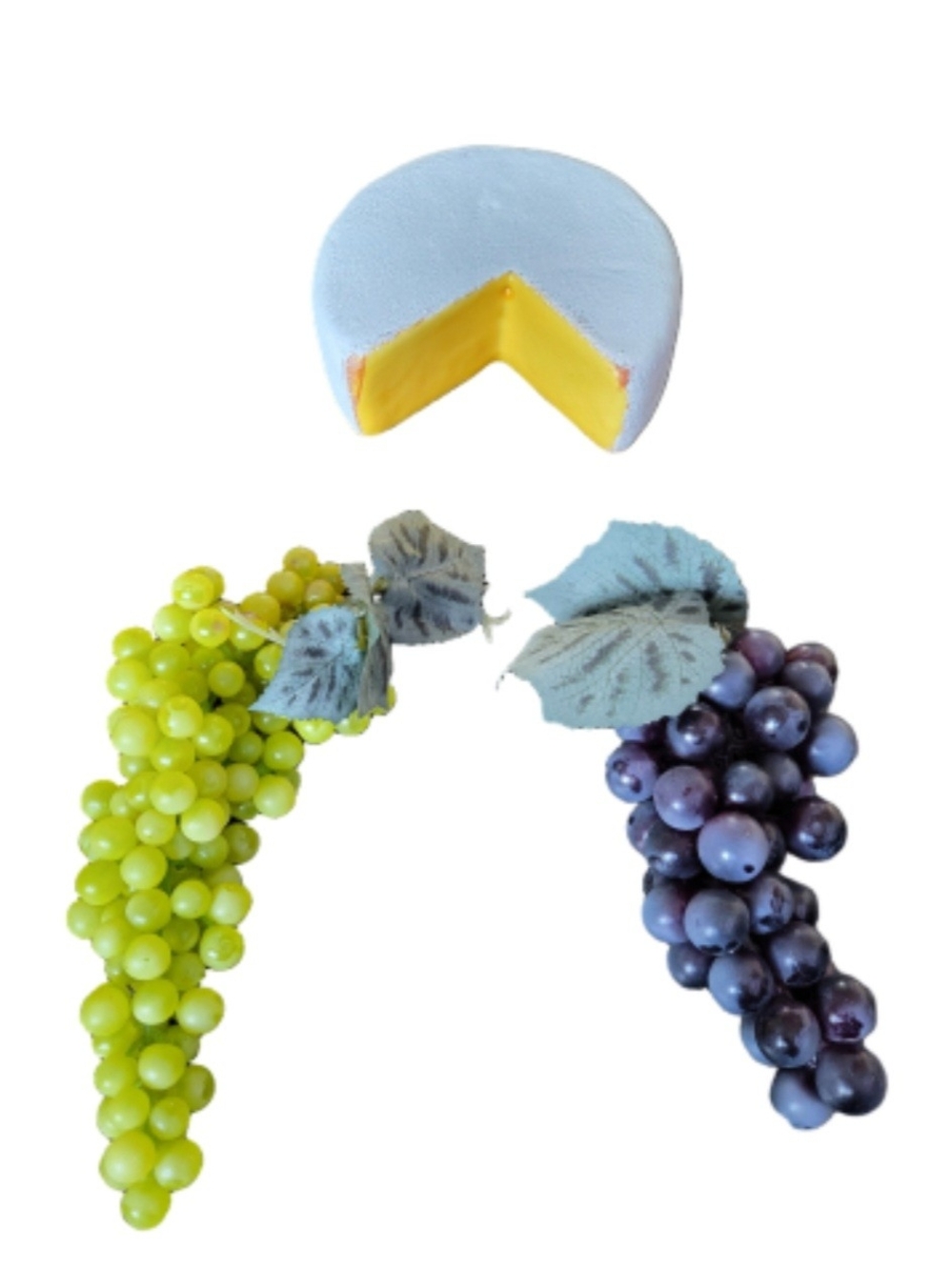 Faux Cheese with Two Grape Clusters Decorative Set - Yellow, Green, Purple. *